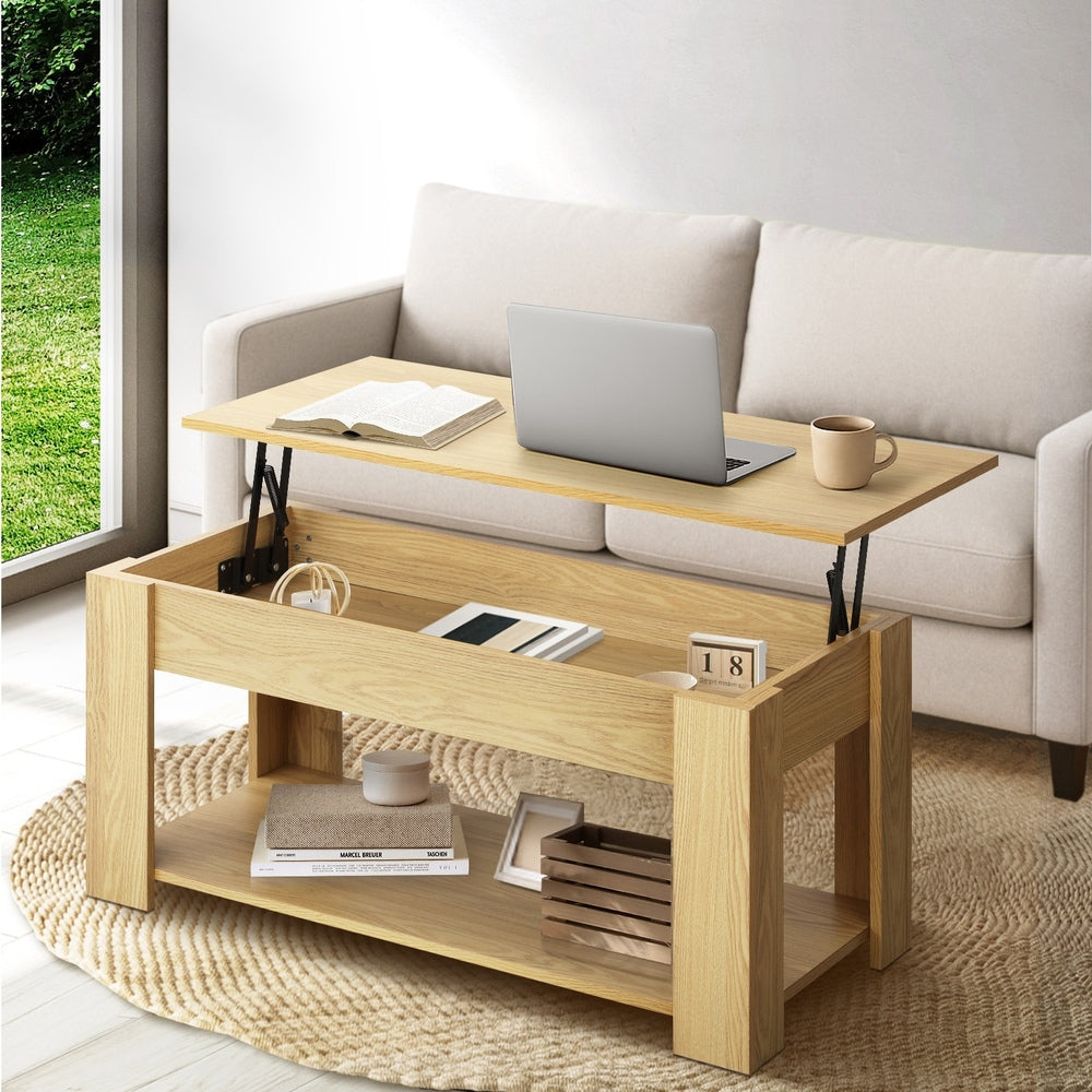 Beige Wooden Coffee Table with Lift Up Top and Storage Space