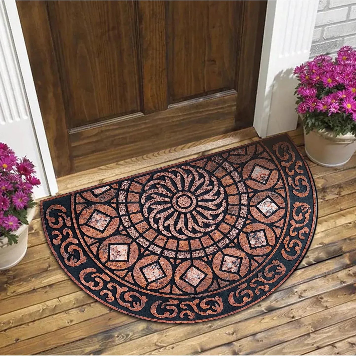 Boho Style Semicircular Door Mat, Heavy-Duty Outside Door Mat, Half Round Welcome Mat Outdoor for Front Door, Entryway, Patio