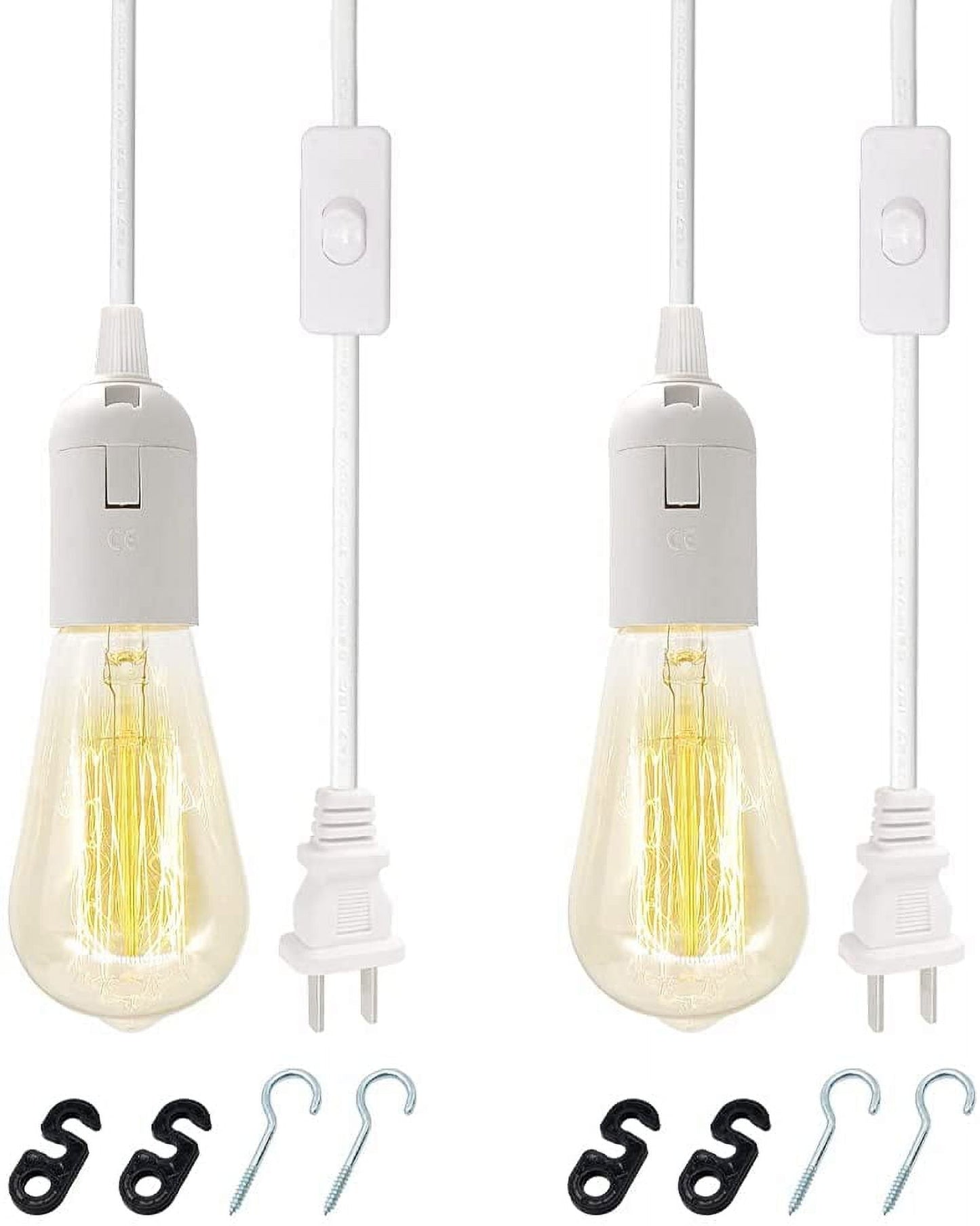 Plug in Hanging Light Kit, Retro Hanging Lights with Plug in Cord, E26 E27 Industrial Pendant Light Fixture, 5.9 FT Cord with On/Off Switch Hanging Lamp for Living Room Bedroom 2 Pack White