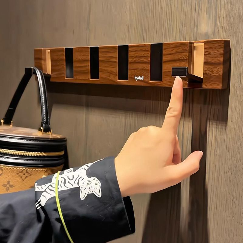 Punch Free Wooden Flip Hook Rack Wall Mounted Hidden Retractable Coat Bag Hanging Rail