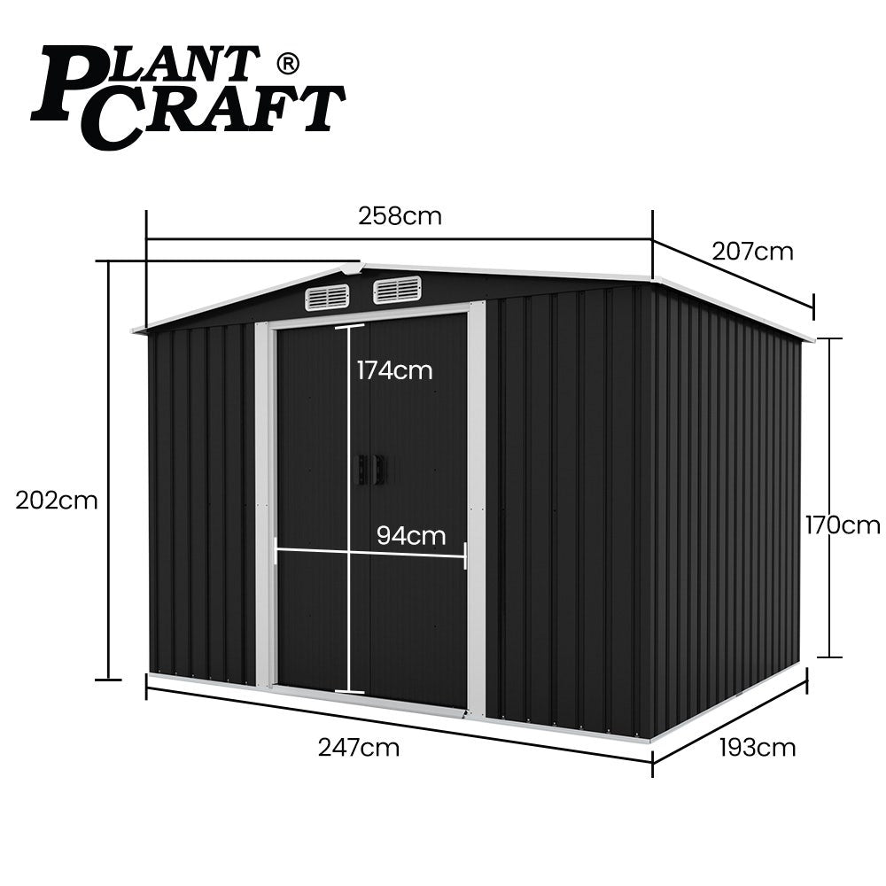 PLANTCRAFT Galvanised Steel Garden Shed 2.58 x 2.07 x 2.02m, with 2 Sliding Doors, 4 Air Vents, Gable Roof, Floor Frame, Black