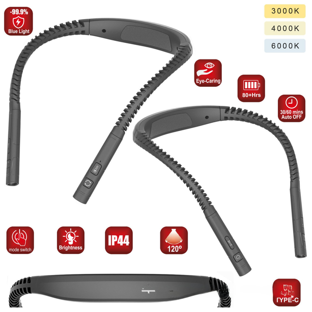 Silver and Grey LED Rechargeable Ergonomic Neck Reading & Running Light - Timer, 3 Color & 5 Brightness - Eye-Caring Hands-Free Flexible Book Light