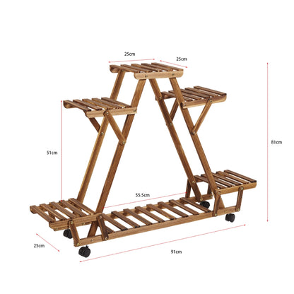 Triangular Plant Shelf 6 Potted Wood Plant Holder Stand Display Storage Rack with Wheels
