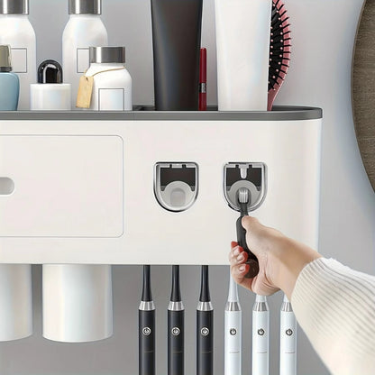Wall Mounted No-Drill Toothbrush Holder with Toothpaste Squeezer & Storage Rack