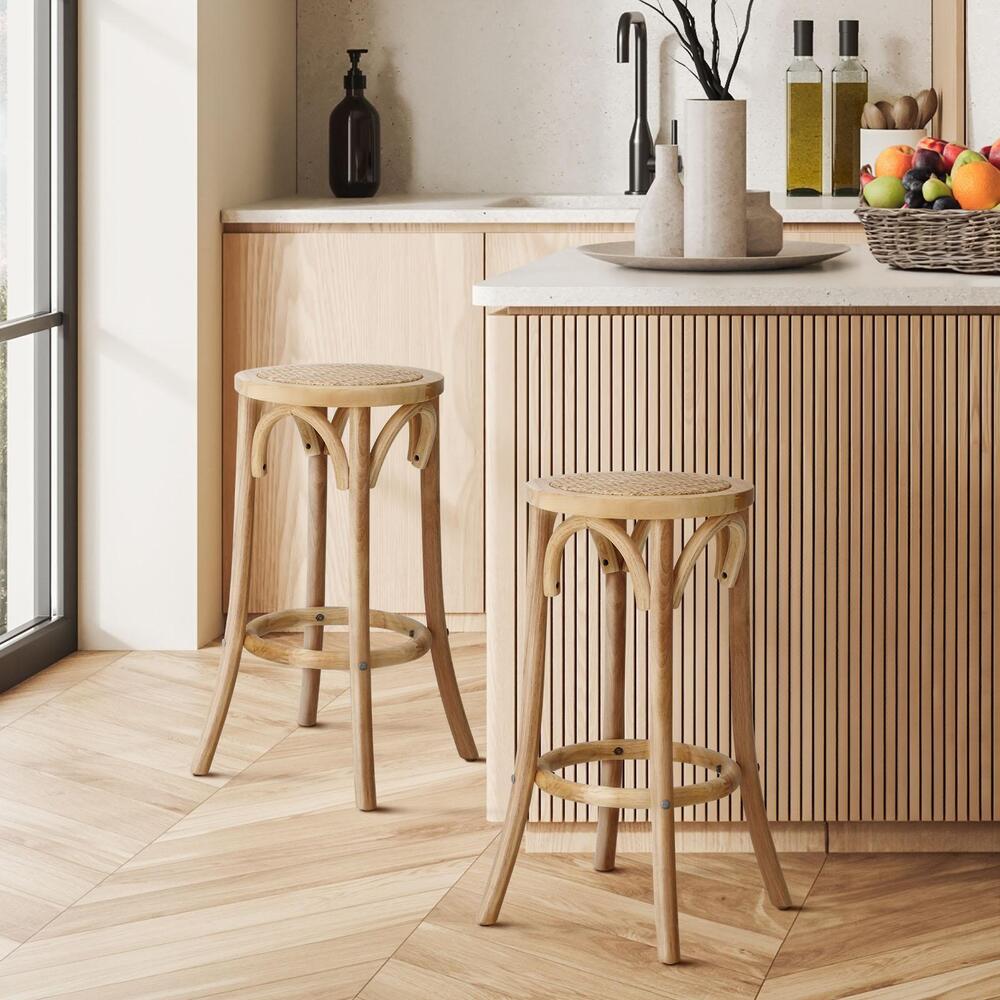 2pcs Bar Stool Dining Chair with Rattan Seat Natural