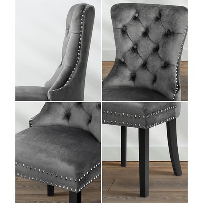 Set of 4 Velvet Tufted Dining Chairs French Provincial Style Grey