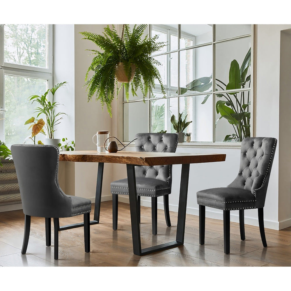 Set of 4 Velvet Tufted Dining Chairs French Provincial Style Grey