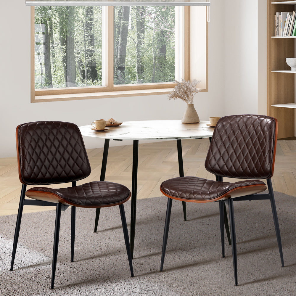 Set of 2 Walnut Dining Chairs with Leather Seat and Metal Legs