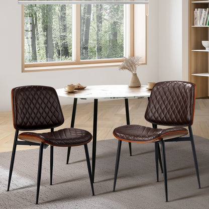 Set of 2 Walnut Dining Chairs with Leather Seat and Metal Legs