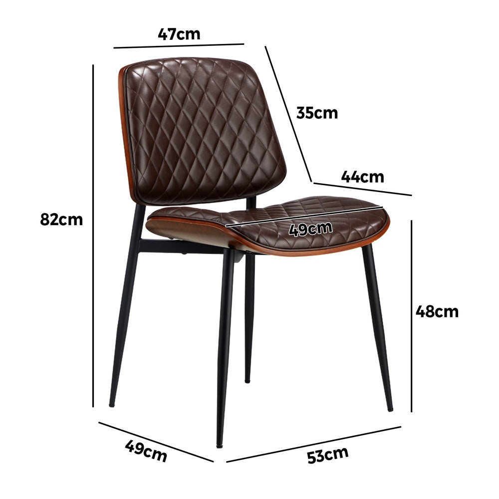 Set of 2 Walnut Dining Chairs with Leather Seat and Metal Legs