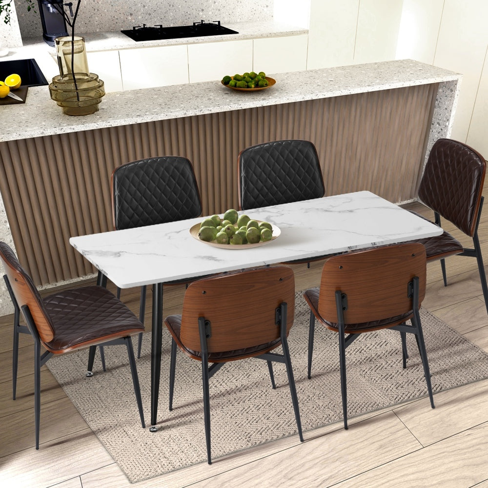 Set of 2 Walnut Dining Chairs with Leather Seat and Metal Legs