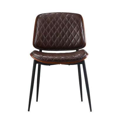 Set of 2 Walnut Dining Chairs with Leather Seat and Metal Legs