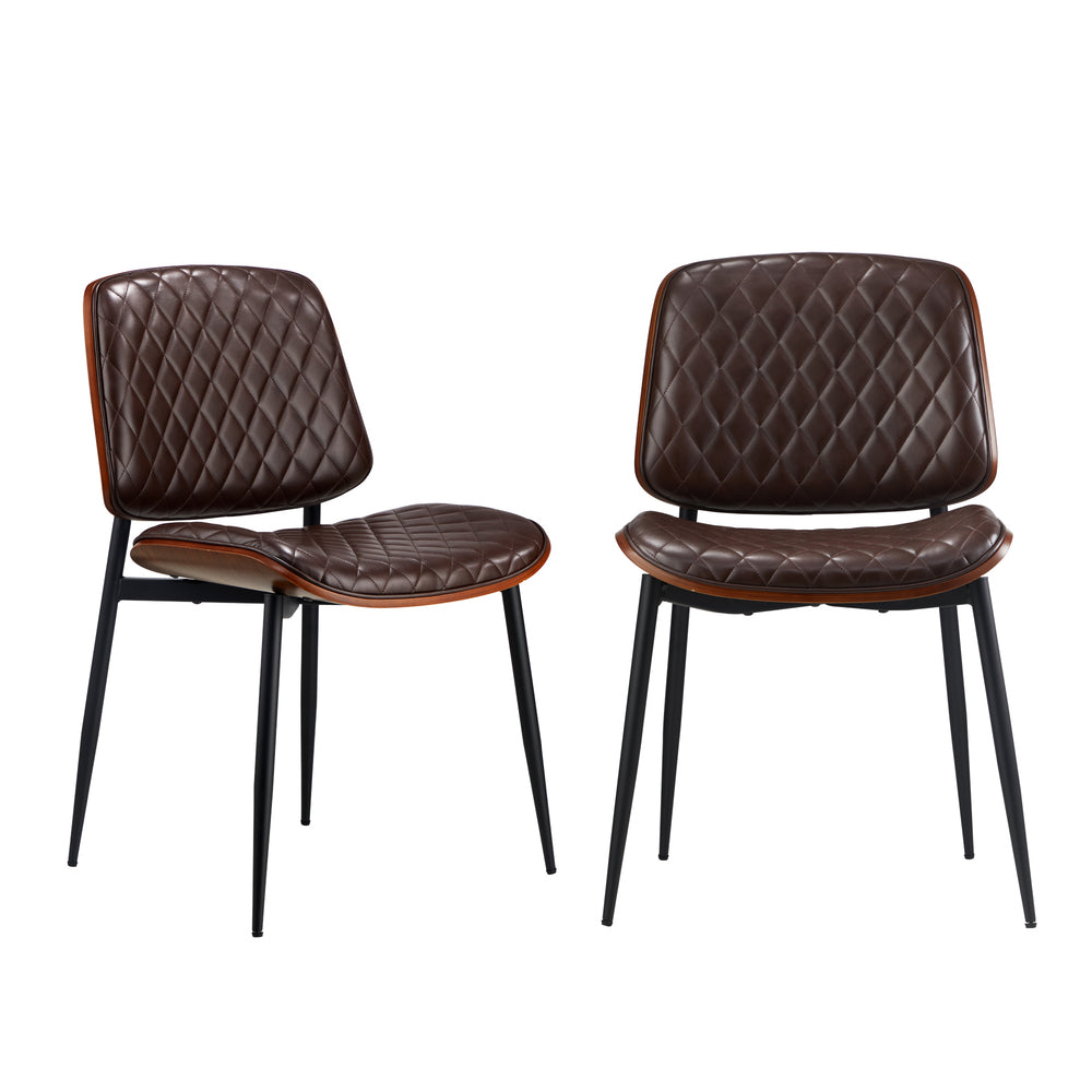 Set of 2 Walnut Dining Chairs with Leather Seat and Metal Legs