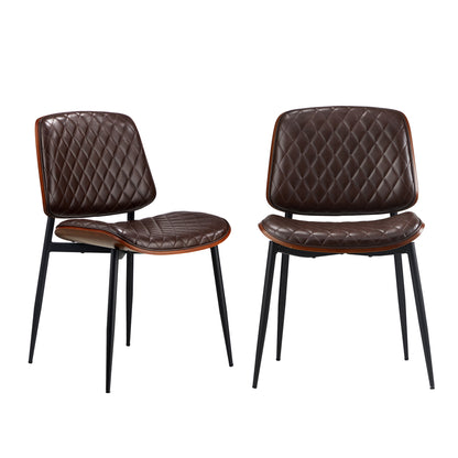 Set of 2 Walnut Dining Chairs with Leather Seat and Metal Legs