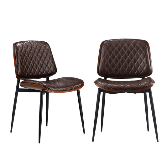 Set of 2 Walnut Dining Chairs with Leather Seat and Metal Legs
