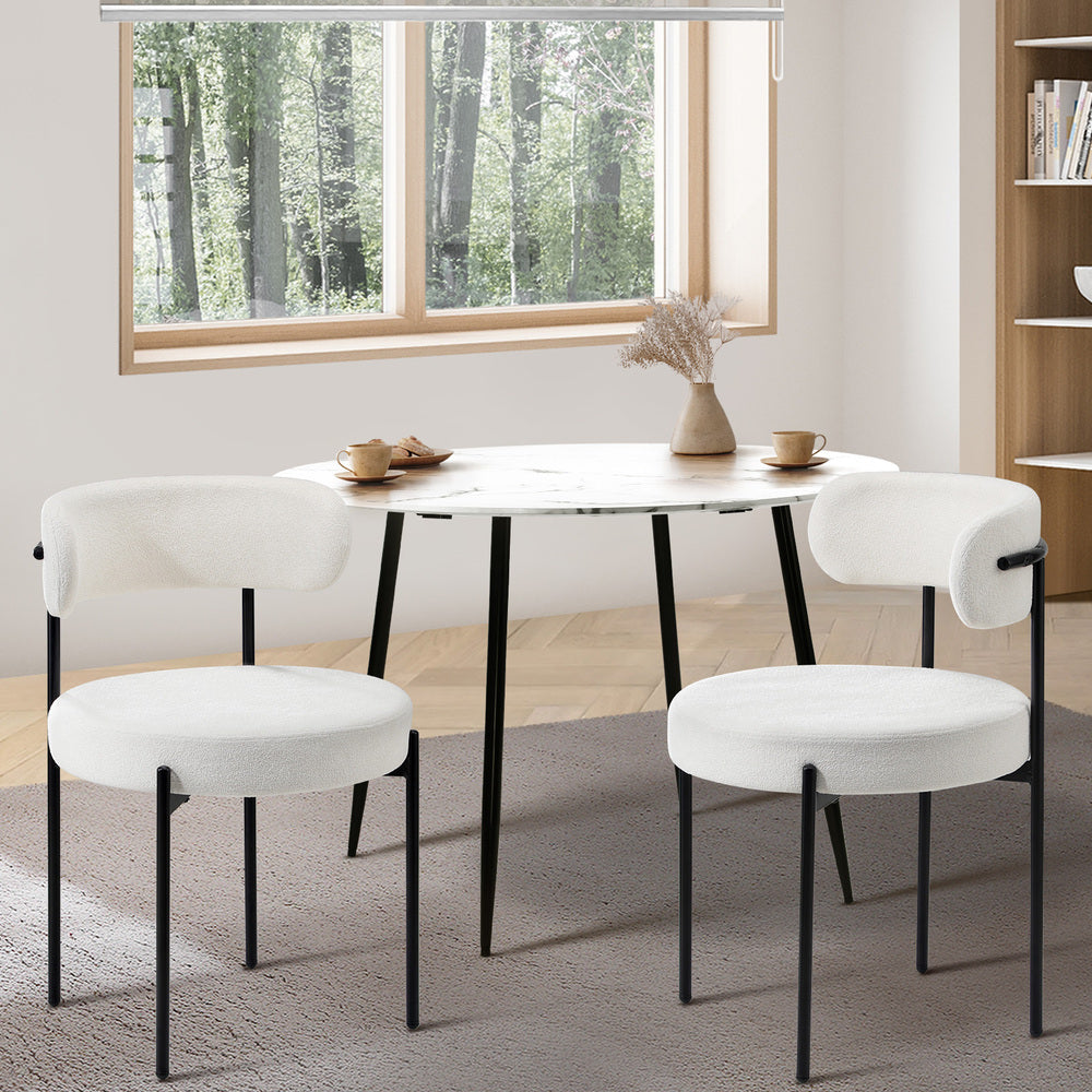 Set of 2 White Boucle Dining Chairs with Seat and Backrest