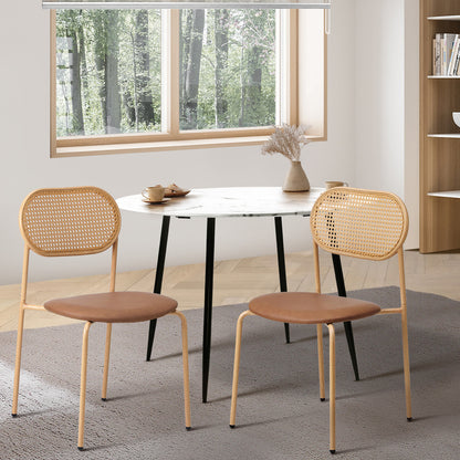 Set of 2 Brown Rattan Dining Chairs with PU Leather Seat