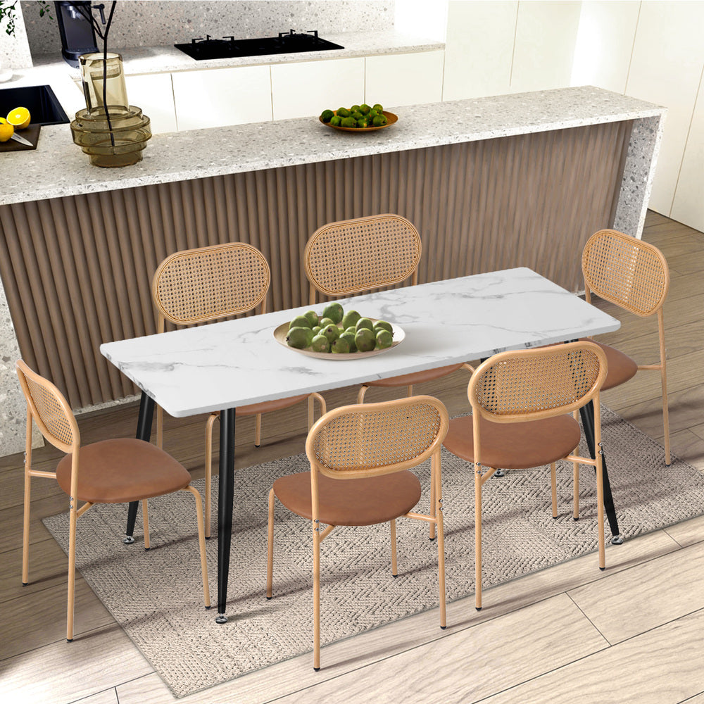 Set of 2 Brown Rattan Dining Chairs with PU Leather Seat