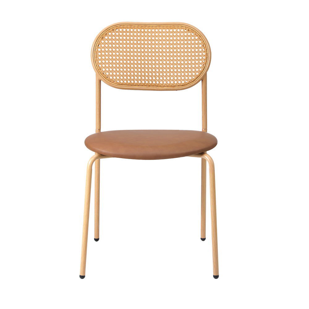 Set of 2 Brown Rattan Dining Chairs with PU Leather Seat