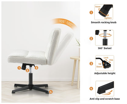 White Wide Seat Boucle Armless Office Chair without Wheels