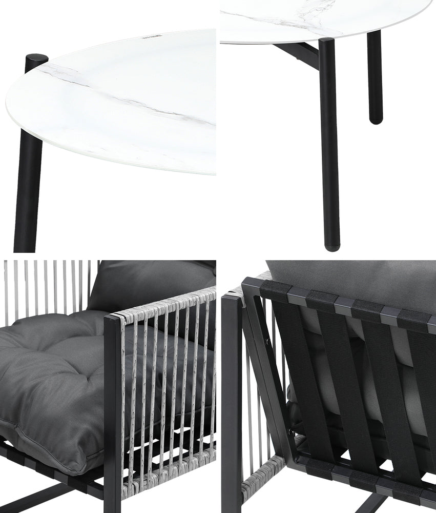 3 Pieces White Outdoor Patio Set with Table and Cushioned Armchairs
