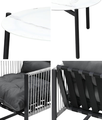 3 Pieces White Outdoor Patio Set with Table and Cushioned Armchairs