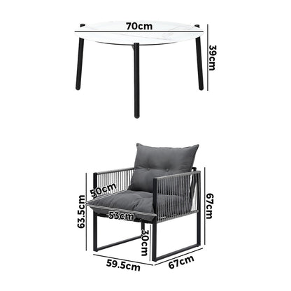 3 Pieces White Outdoor Patio Set with Table and Cushioned Armchairs