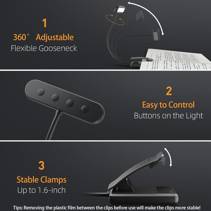 14 LEDs Book Light USB Rechargeable Flexible Easy Clip Reading Light