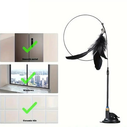 Long Suction Cup Pole Interactive Bell and Feather Wand Cat Teaser Toy