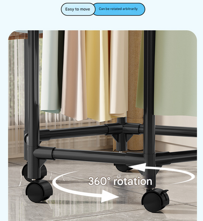 Black double layer  360° Rotating Portable Garment Rack - Heavy Duty Rolling Clothes Stand with Wheels for Bedroom & Laundry