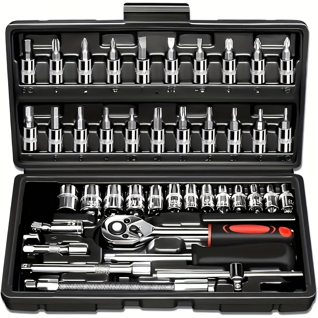 basic-automotive-repair-manual-tool-set-including-a-set-of-mechanical-tools-including-ratchet-handle-extension-pole-universal-joint-slider-sae-and-metric-sockets-hex-wrench-and-plastic-toolbox-excluding-batteries-uncharged-manual-tool-set