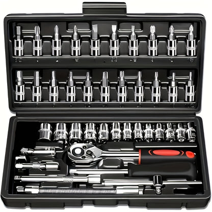 basic-automotive-repair-manual-tool-set-including-a-set-of-mechanical-tools-including-ratchet-handle-extension-pole-universal-joint-slider-sae-and-metric-sockets-hex-wrench-and-plastic-toolbox-excluding-batteries-uncharged-manual-tool-set