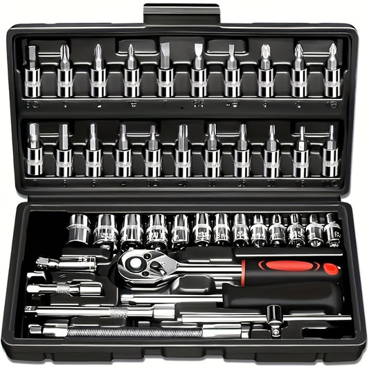 basic-automotive-repair-manual-tool-set-including-a-set-of-mechanical-tools-including-ratchet-handle-extension-pole-universal-joint-slider-sae-and-metric-sockets-hex-wrench-and-plastic-toolbox-excluding-batteries-uncharged-manual-tool-set