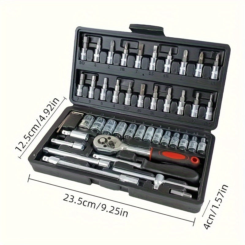 basic-automotive-repair-manual-tool-set-including-a-set-of-mechanical-tools-including-ratchet-handle-extension-pole-universal-joint-slider-sae-and-metric-sockets-hex-wrench-and-plastic-toolbox-excluding-batteries-uncharged-manual-tool-set