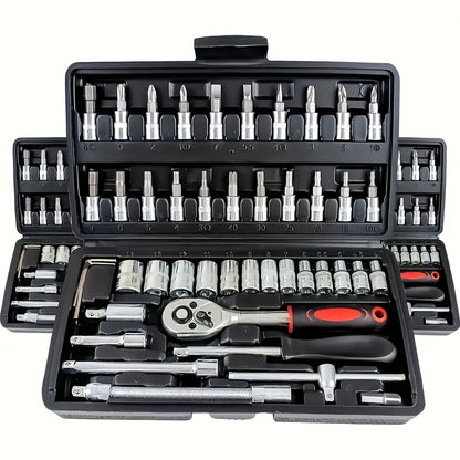 basic-automotive-repair-manual-tool-set-including-a-set-of-mechanical-tools-including-ratchet-handle-extension-pole-universal-joint-slider-sae-and-metric-sockets-hex-wrench-and-plastic-toolbox-excluding-batteries-uncharged-manual-tool-set