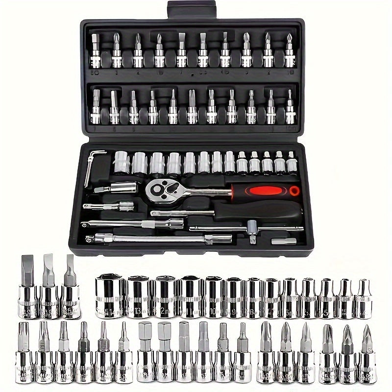 basic-automotive-repair-manual-tool-set-including-a-set-of-mechanical-tools-including-ratchet-handle-extension-pole-universal-joint-slider-sae-and-metric-sockets-hex-wrench-and-plastic-toolbox-excluding-batteries-uncharged-manual-tool-set