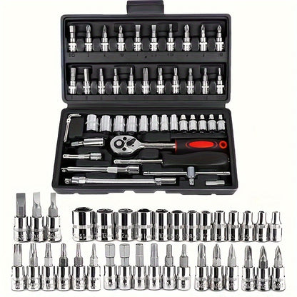 basic-automotive-repair-manual-tool-set-including-a-set-of-mechanical-tools-including-ratchet-handle-extension-pole-universal-joint-slider-sae-and-metric-sockets-hex-wrench-and-plastic-toolbox-excluding-batteries-uncharged-manual-tool-set