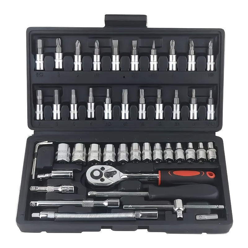 basic-automotive-repair-manual-tool-set-including-a-set-of-mechanical-tools-including-ratchet-handle-extension-pole-universal-joint-slider-sae-and-metric-sockets-hex-wrench-and-plastic-toolbox-excluding-batteries-uncharged-manual-tool-set