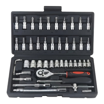 basic-automotive-repair-manual-tool-set-including-a-set-of-mechanical-tools-including-ratchet-handle-extension-pole-universal-joint-slider-sae-and-metric-sockets-hex-wrench-and-plastic-toolbox-excluding-batteries-uncharged-manual-tool-set