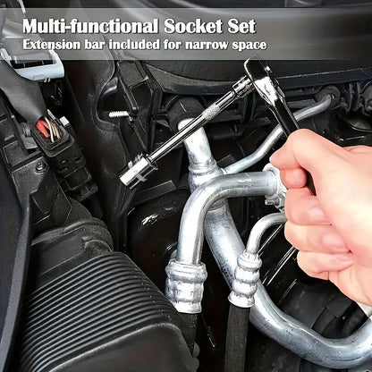 basic-automotive-repair-manual-tool-set-including-a-set-of-mechanical-tools-including-ratchet-handle-extension-pole-universal-joint-slider-sae-and-metric-sockets-hex-wrench-and-plastic-toolbox-excluding-batteries-uncharged-manual-tool-set