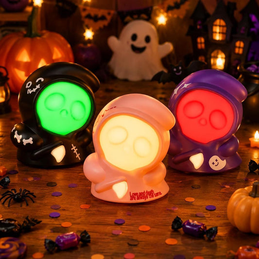 3 Pack Halloween Decorations, Grim Reaper Night Light, Friction Powered Pull Back | Party Decor, Portable, Rechargeable, Halloween Lamp, Adjustable Brightness, 3 Color Modes, DIY Stickers - Tricolour - Size 94mm