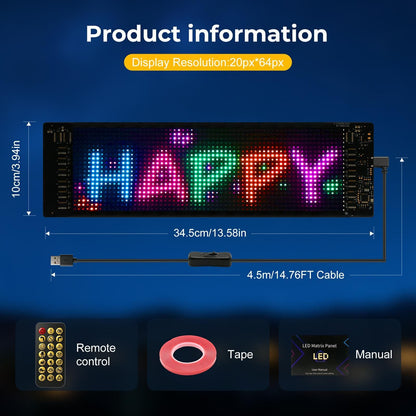 13.7"x4.02" Super Brighter USB 5V Bluetooth Scrolling LED Sign
Flexible Programmable Screen with APP Control,Custom Text Pattern Animation, Waterproof RGB Signs for Car,Home,Store,Bar(Multicolor)