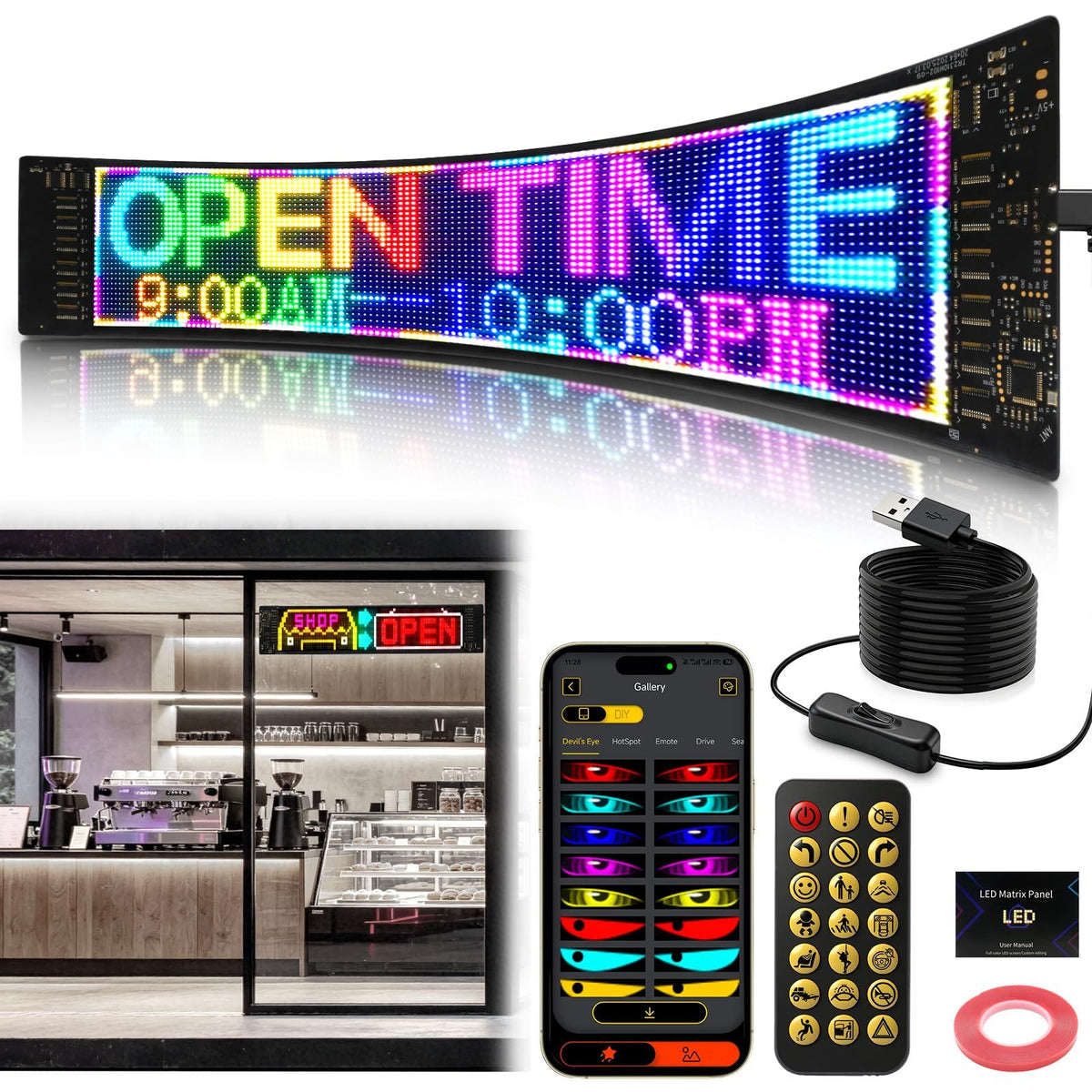 13.7"x4.02" Super Brighter USB 5V Bluetooth Scrolling LED Sign
Flexible Programmable Screen with APP Control,Custom Text Pattern Animation, Waterproof RGB Signs for Car,Home,Store,Bar(Multicolor)