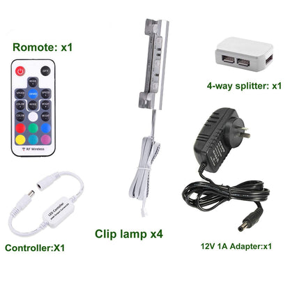 LED Under Cabinet Night Lights Kit for Glass Edge Shelf Back Side Lighting Using Flexible Cable and Clip with RF Remote(4 lights, RGB)