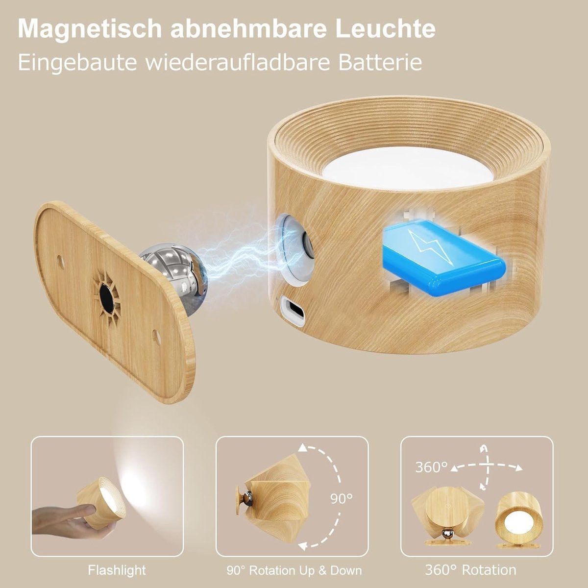Night light - Indoor wall light - Rechargeable wall light - Children's night light - Wall light with 1 battery - Touch control with 3 brightness levels - 360° rotation - For living room, bedroom, staircase - Wood grain