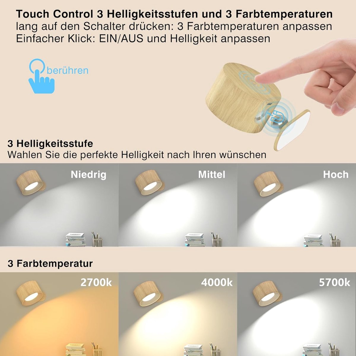 Night light - Indoor wall light - Rechargeable wall light - Children's night light - Wall light with 1 battery - Touch control with 3 brightness levels - 360° rotation - For living room, bedroom, staircase - Wood grain