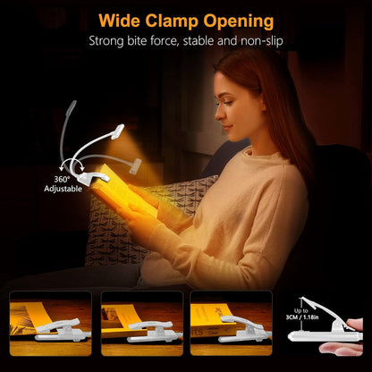 Rechargeable Reading Lamp with Type-C Cable - LED Reading Light for Book with Clip - 24 LED - Reading Lamp Clip [3 Light Modes] - Dimmable - Mini Flexible Night Light - 315° Rotatable Reading Lamp - With Gooseneck and Clip for Children - White
