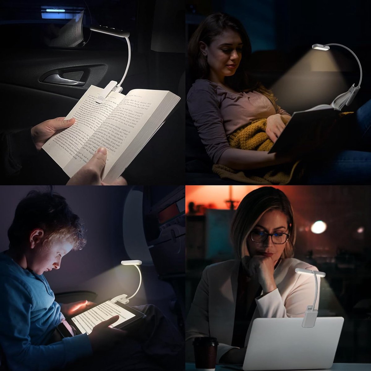Rechargeable Reading Lamp with Type-C Cable - LED Reading Light for Book with Clip - 24 LED - Reading Lamp Clip [3 Light Modes] - Dimmable - Mini Flexible Night Light - 315° Rotatable Reading Lamp - With Gooseneck and Clip for Children - White