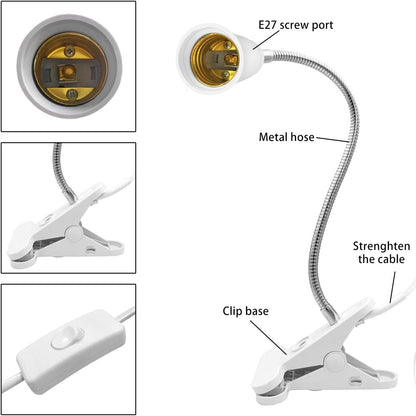 Bahong Clip Desk Lamp Socket,Desk Light Adapter,Clip Light Bulb Holder,E26/E27 Flexible Light Socket,86.6in Table Reading Light,Night Light with Cord,Clamp Light Bulb Stand with On/Off Switch (1PC)