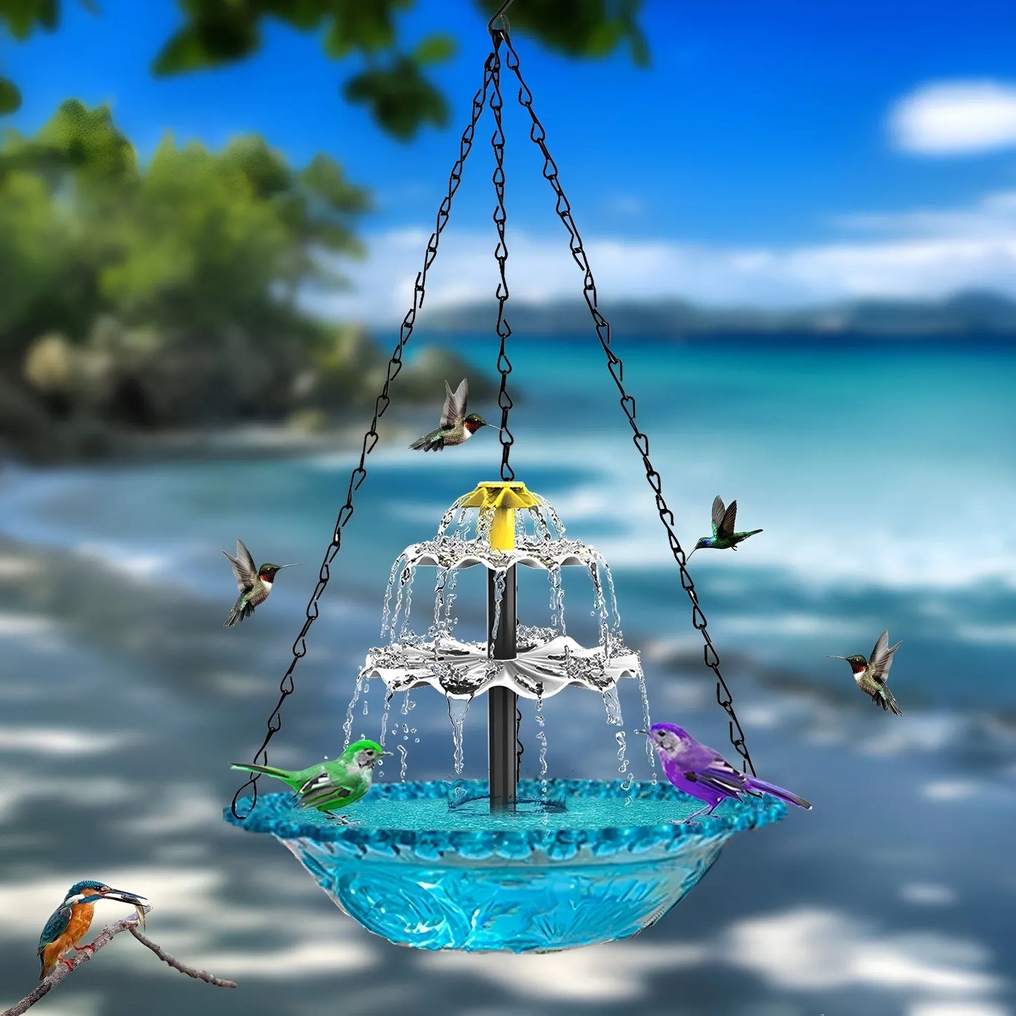 Solar Cascade Hanging Bird Bath Fountain, Hummingbird Water Fountain with Solar Pump Glass Bowl for Garden Yard Patio Backyard Decoration